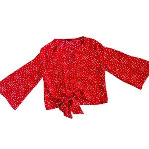 Red by BKE Polka Dot Tie Front Flutter Sleeve Blouse M